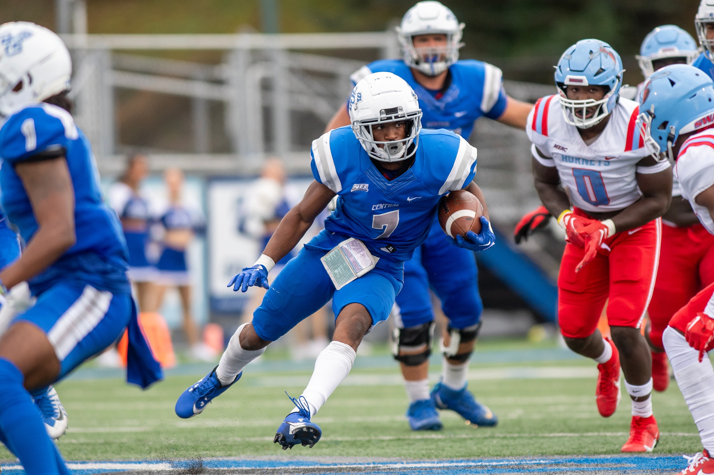Elijah Howard was named the NEC Offensive Player of the Week on October 9th, following his 297 all-purpose yards in the Blue Devils win over Delaware State. (Photo: Steve McLaughlin)