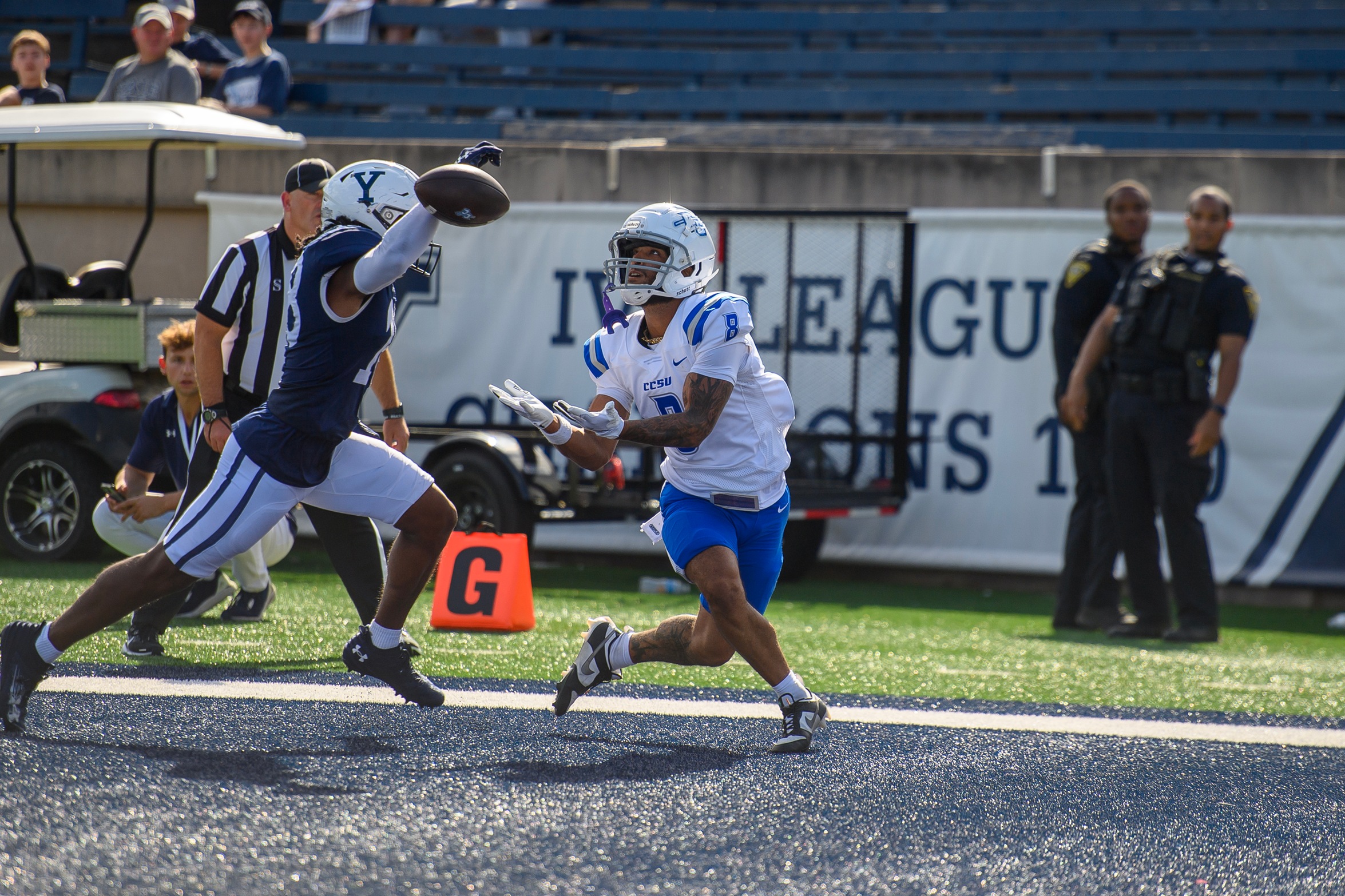 Isaac Boston made two catches, including one in the end zone for the Blue Devils, in Saturday's game at #22 Dartmouth. (Photo: Steve McLaughlin)