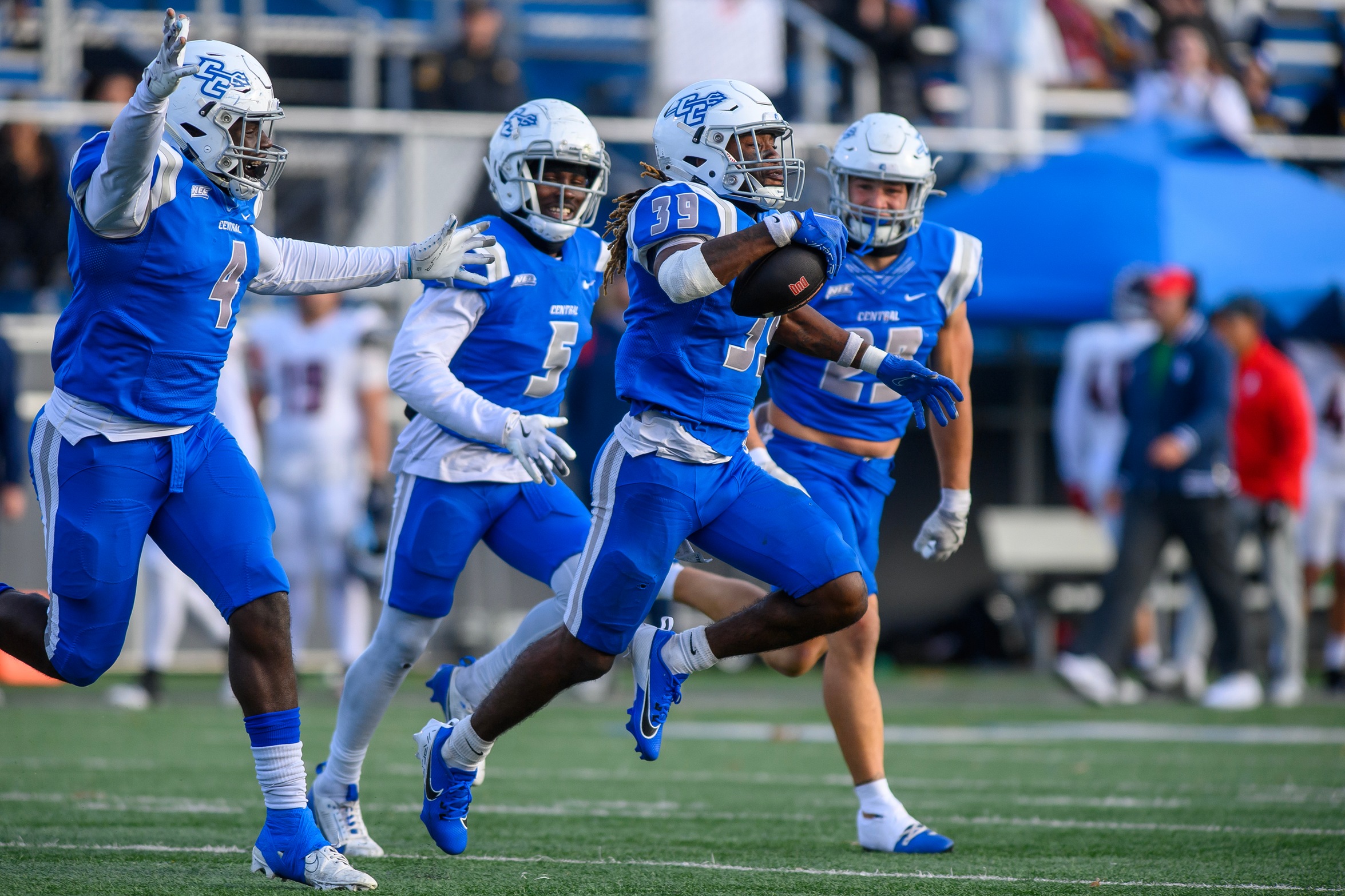 Chris Jean had an interception, forced a fumble and recovered a fumble as the CCSU defense held SFU in check on Saturday. (Photo: Steve McLaughlin)