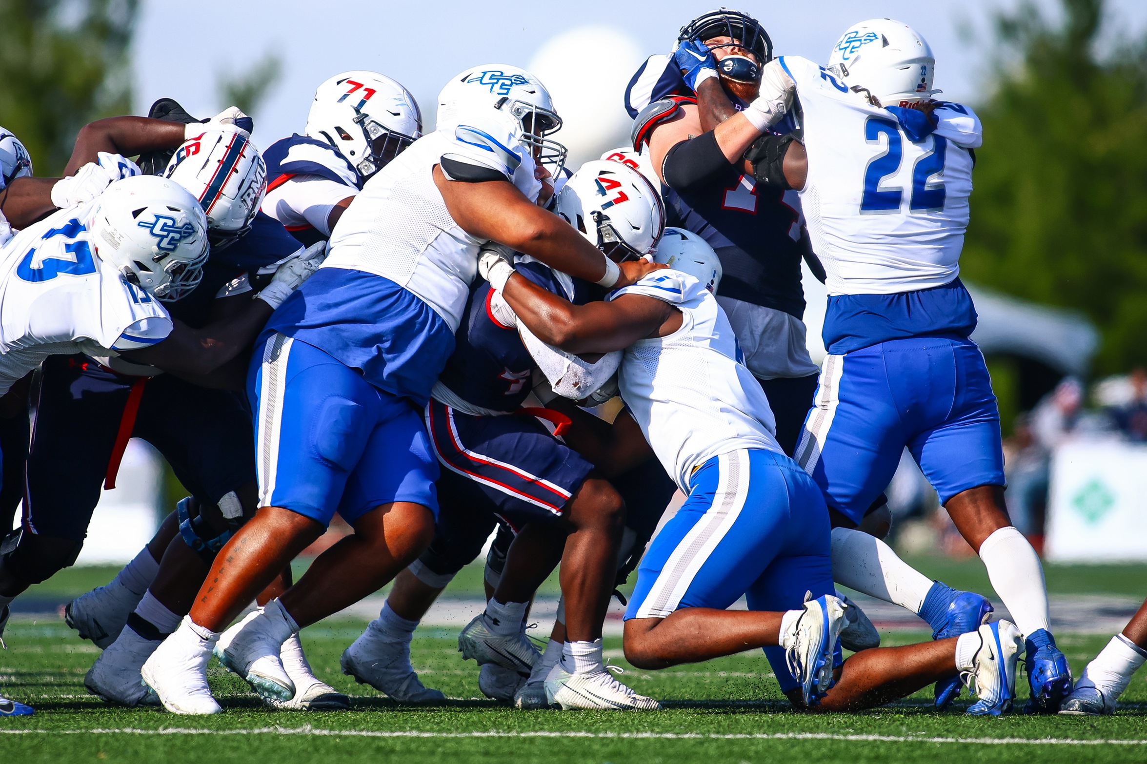 Malachi Wright had a career-best 15 tackles, the most in a game this season in the NEC, for the Blue Devils on Saturday. (Photo: RMU Athletics Communication)