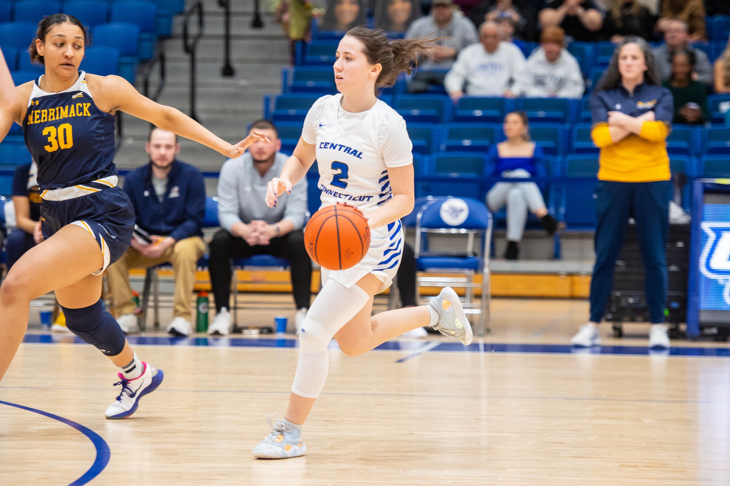 Belle Lanpher shot 10-13 from the field to score a game-high 21 points Thursday, February 23 versus Merrimack. (Photo: Steve McLaughlin)