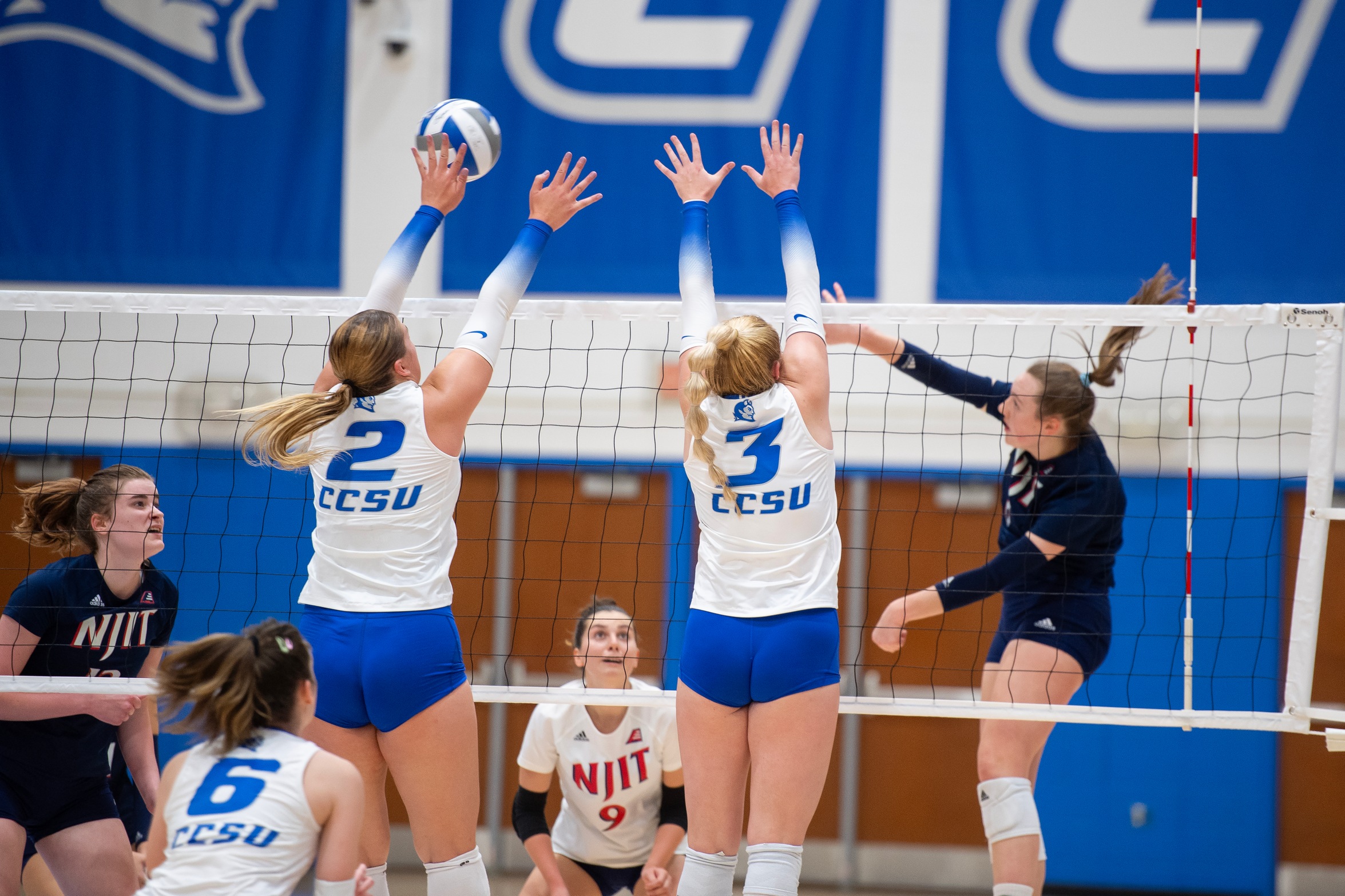 Kaylin Hadley and Mia Lombardo helped CCSU total 15.0 blocks as a team (Steve McLaughlin Photography)